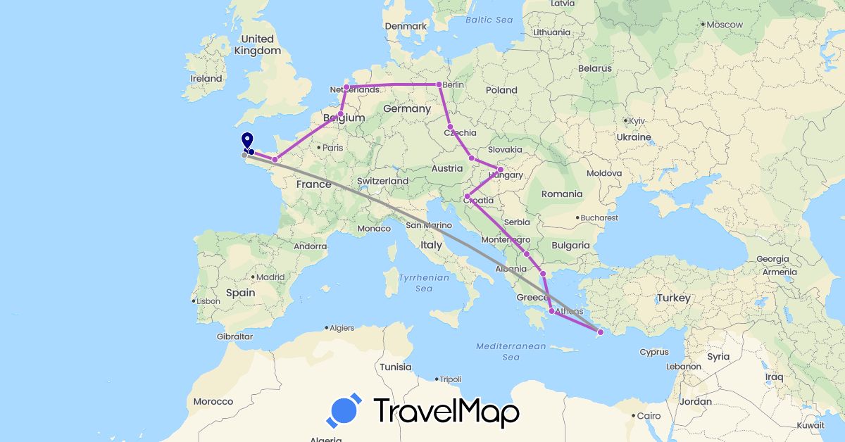 TravelMap itinerary: driving, plane, train in Austria, Belgium, Czech Republic, Germany, France, Greece, Croatia, Hungary, Macedonia, Netherlands (Europe)